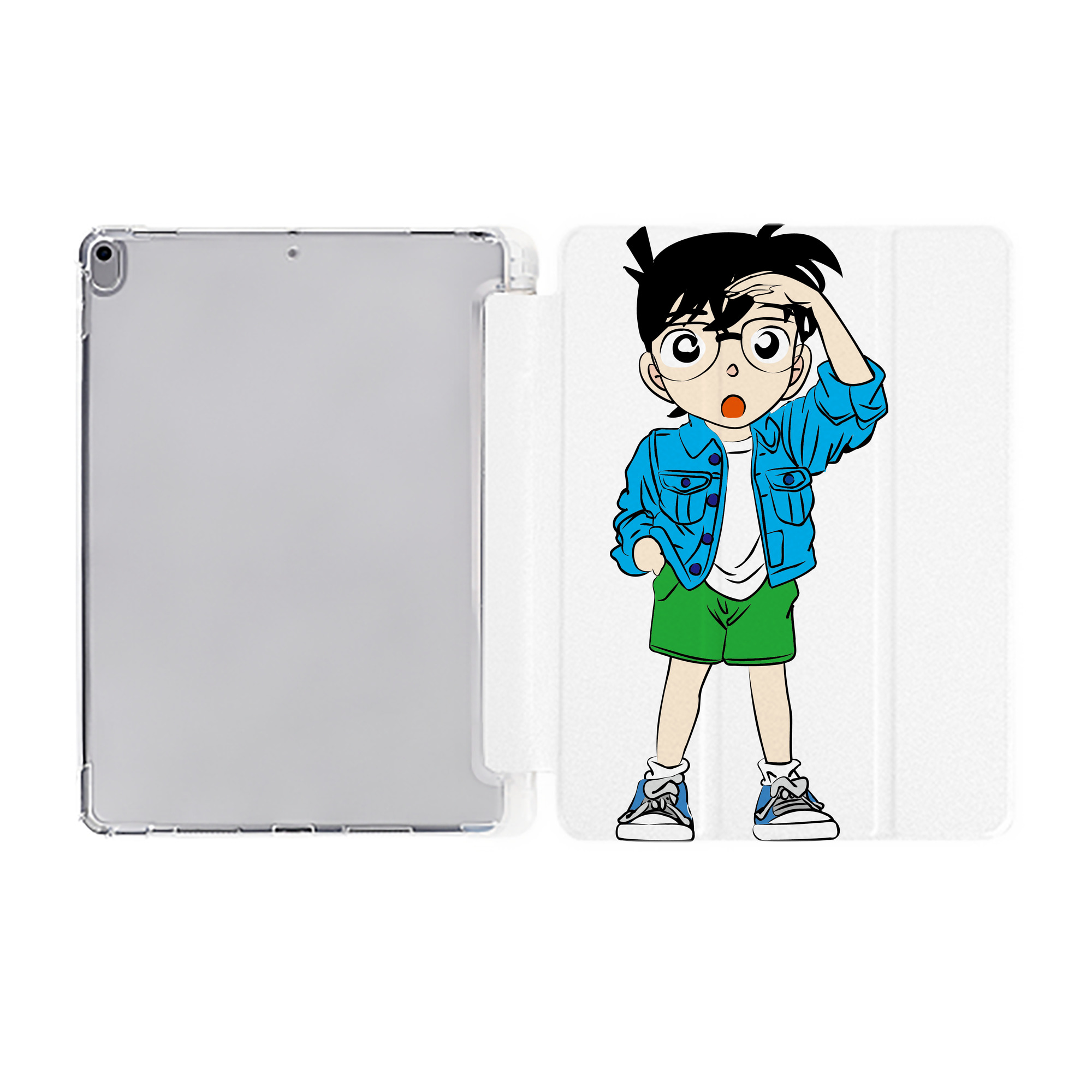 （画像用） 名探偵コナン 江戸川 コナン Detective Conan Conan Edogawa IPad ケース ペン収納付き 三つ折りスタンド PUレザー×シリコン 対応機種9.5/10.5/10.9インチ